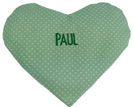 Cojín de calor en forma de corazón, cojín de calor con nombre para bebés, niños pequeños, cojín de colza con nombre, cojín personalizado para calentar, color: verde lunares (verde)
