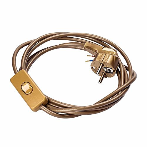 Netzkabel Schuko Stecker an offenes Ende m. Schnurschalter Kabel Schalter Anschluss Zuleitung (2,4m, Gold)