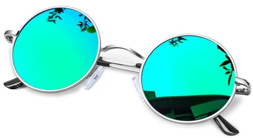 KANASTAL Gafas de Sol Verde Redondas Hombre y Mujer Polarizadas Cosplay Vintage Circulares Protección UV Green Round Sunglasses - Montura Plateadas con Lentes Verde Espejo