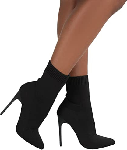 ORANDESIGNE Damen Gestrickte Kurze Stiefel Mode Spitzer Zehenpartie Einfarbig Gestrickte Stiefel mit Hohem Absatz Elegant Stiefel Atmungsaktiv Schlupfstiefel A Schwarz 39 EU