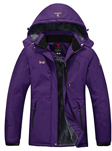 YSENTO Damen Winterjacke Wasserdicht Skijacke Outdoor Softshelljacke Warm Fleecejacke Funktionsjacke mit Abnehmbarer Kapuze(Lila,XL)