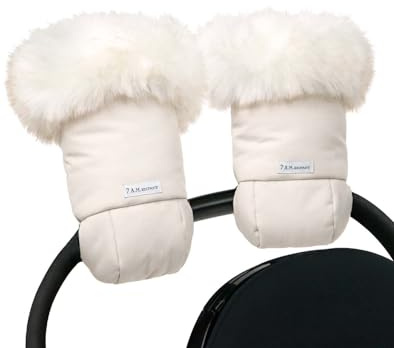 7AM Enfant Stroller Warmmuffs Gloves - Anti-Freeze Stroller Mittens for Handlebars, Water Repellent Hand Warmer Muff for Cold Weather, Plush Lined (White Fur & Beige Heather)