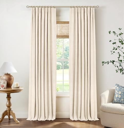 INOVADAY 100% Blackout Curtains for Bedroom, Black Out Curtains 84 Inch Long, Clip Rings Linen Blackout Drapes, Thermal Insulated Room Darkening for Living Room, 2 Panels - Cream,W50xL84