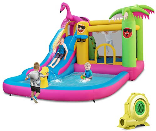COSTWAY Castillo Hinchable Acuatico con Soplador, 6 en 1 Castillo Hinchable Grande para Niños 3 a 10 Años, 300 x 450 x 260 cm, Agua y Seco, Insuflavel Crianças Interior y Exterior