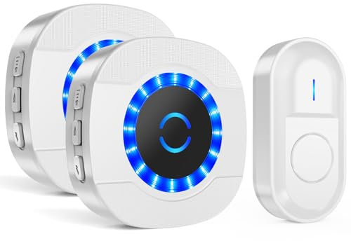 SURFOU Funkklingel, Türklingel Kabellos, 300m Reichweite Aussen Wasserdicht Klingel Haustür Plug-in Empfänger, LED-Blinken, 5 Lautstärkestufen, 55 Klingeltönen (2 Weiß Empfänger + 1 Weiß Sender)