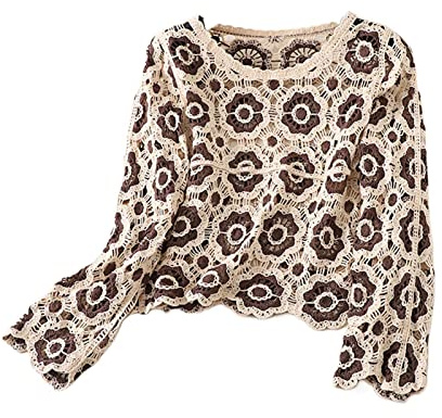 FeMereina Women's Crochet Button Down Cardigan Knit Sweater Long Sleeve V Neck Hollow Out Jumper Beach Floral Cover Up (Brown Flower, One Size)