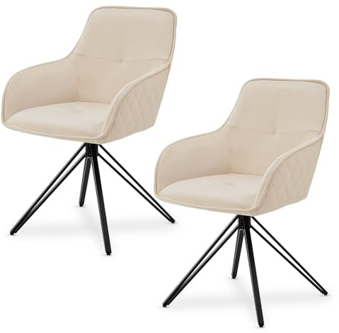 Juskys set da due sedie girevoli Clyde con braccioli – Rivestimento in morbido velluto beige – Sedie moderne per sala da pranzo – Poltroncine imbottite – Caricabili fino a 120 kg