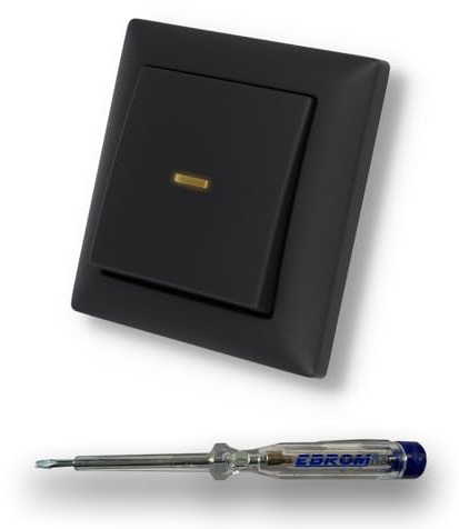 BUSCH JÄGER Wechselschalter - PERMANENT beleuchtet als Orientierungslicht - 2000/6 USGL - mit BBblack Wippe + BBblack Rahmen in Schwarz MATT + EBROM Phasenprüfer zur Montage