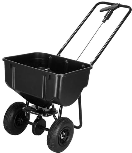 SPRINGOS Carro esparcidor de 25 kg de capacidad, negro, con 2 ruedas neumáticas, diámetro de 21 cm, recipiente de acero y plástico, 48 x 37 x 25 cm, para semillas, fertilizante, sal de carretera