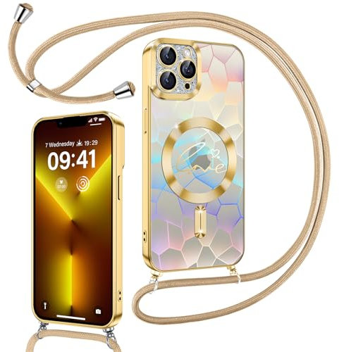 Kokio Magnetische Glitzer Handykette für iPhone 13 Pro Max Hülle mit Band [Kompatibel mit MagSafe] Kameraschutz Durchsichtig Handyhülle für Mädchen Stoßfeste Schutzhülle für iPhone 13 Pro Max Gold