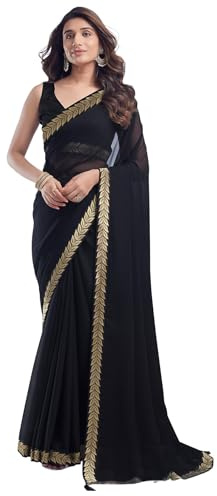 SIRIL Women's Georgette Lace Boarder Saree With Unstitched Blouse Piece (3736S2634_Black)