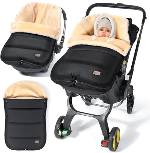 Orzbow Fußsack Babyschale Winter, Einstellbar Babyschale Decke für Baby mit Reißverschluss, Warme Einschlagdecke Babyschale mit Lammfellimitat, Wasserdichter Pongee-Stoff, Elegantes Schwarz
