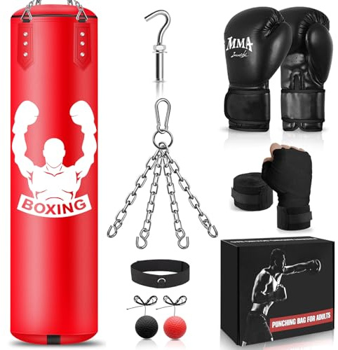 NZQXJXZ Saco de Boxeo Colgante, Equipo de Entrenamiento de Boxeo con Saco Boxeo Sin Relleno de 120cm, Pelota de Reflejos, Guantes de MMA, Muñequera, Set de Boxeo para Kárate Kickboxing Muay Thai