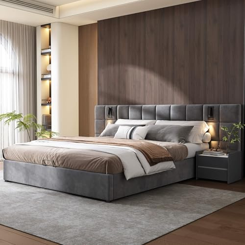 MQGPM Cama doble 160 x 200 cm, cama hidráulica con cajonera y cabecero extendido, cama tapizada con L/ED y somier, estructura de metal, terciopelo, sin colchón, gris