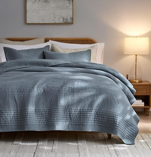 palassio Striped Blue Grey 100% Cotton Quilt Queen Size Bedding Sets, Lightweight Crinkly Channel Pick Stitch Textured Bedspread Soft Shabby Chic Farmhouse Country Coverlet for All Season, 2 Shams