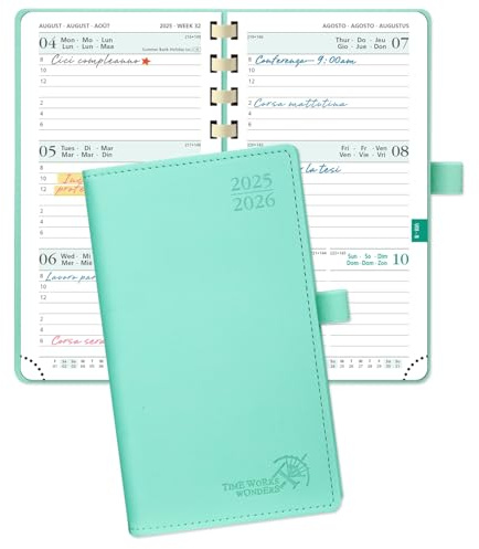 POPRUN Agenda De poche 2025 2026 Semainier 16,5 x 9 cm D'Août 2025 à Déc 2026 - Petit Planner Scolaire 17 Mois avec Couverture Souple Spirale, Fente Pour Carte, Papier 80g/m², Menthe vert