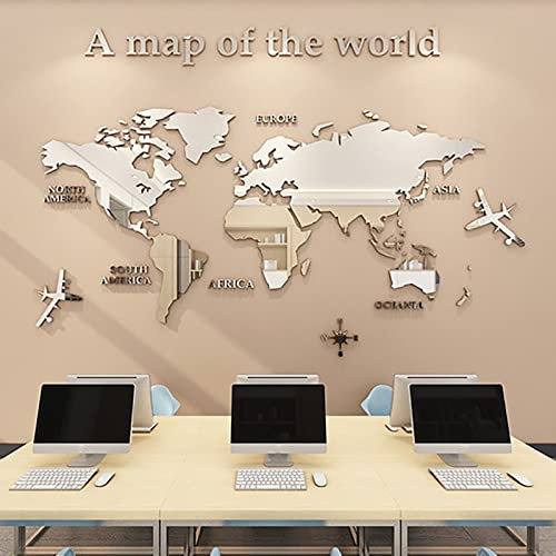 Adesivo per Specchio da Parete in Acrilico 3D Mappa del Mondo Riflettente Decorativo Argento 47,2 X 23,6 Pollici per Soggiorno Camera da Letto Ufficio Studio Decorazione della