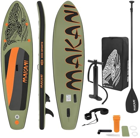 ECD Germany Stand Up Paddle Board Makani 320x80x15 cm Tavola da SUP Gonfiabile per Adulti e Bambini Max 120 kg Set Completo con Pagaia Pompa Zaino Cordino di Sicurezza e Kit Riparazione Colore Oliva