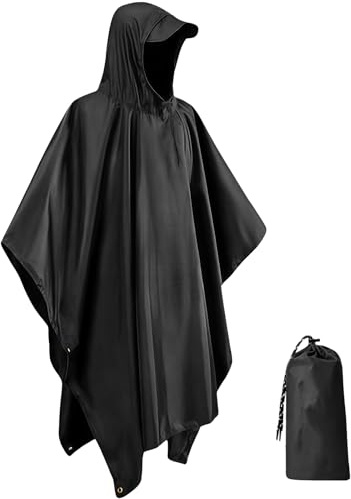 IBOPUXIU Cape de Pluie Femme, Poncho léger, réutilisable et Respirant avec Capuche, Cape de Pluie Multifonctionnelle 3 en 1 pour le Camping, la randonnée, le cyclisme et la pêche, unisexe （Noir）