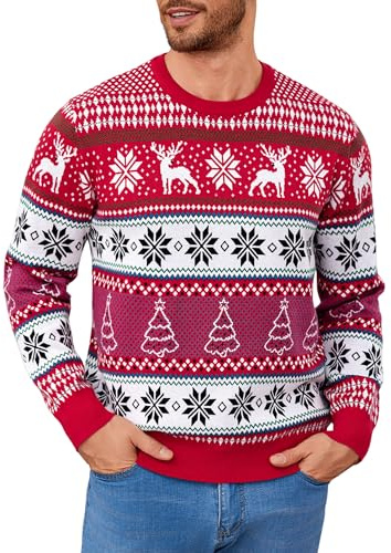 Leversic Suéter de Navidad para Hombre Punto Jersey de Invierno con Cuello Redondo Diseño de Renos y Copos de Nieve para Navidad S-XXL(Rojo,XXL)
