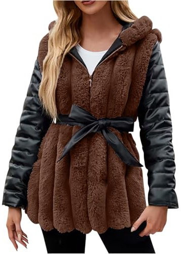 Wyongtao manteau fausse fourrure femme Avec ceinture,blouson cuir femme Épais et chaud,veste polaire à capuche zippées,Manteau Cardigan ouvert sur le devant,blouson Shaggy Chaude chic et Élégant