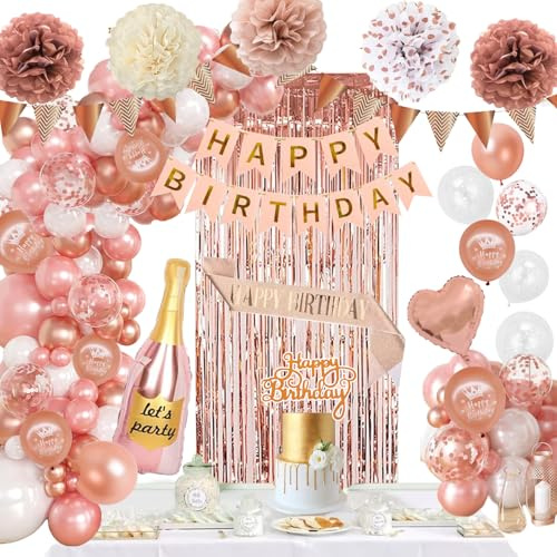 Decoration Anniversaire Rose Or Blanc Ballons Décorations Kit avec Banderole Joyeux Anniversaire Pom Poms Confetti Echarpe Rideau pour Fille Femme