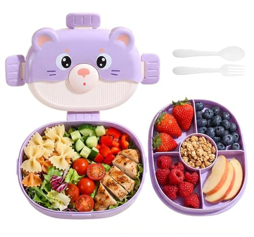 Fiambrera Infantil Compartimentos, Loncheras para Niños De Dibujos Animados con Vajilla, Caja De Salsa, Lunch Box Kids 1350ml para Escuelas, Picnics, Adorable Bento Box para Microondas (Morado)