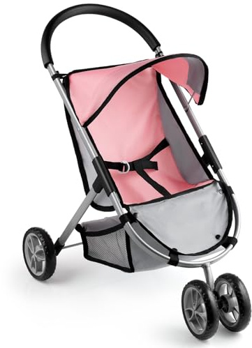 GAGAKU Baby Doll Stroller, Toy Stroller with Canopy, Double Front Wheels, Storage Basket & Adjustable Belt, Lightweight Pretend Play Stroller for Kids Ages 3+, Pink/Gray