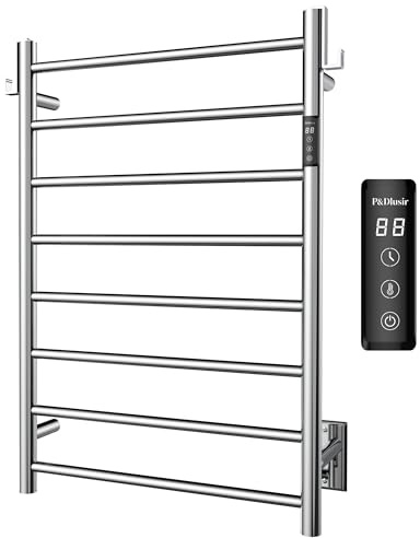 P&Dlusir Towel Warmer, Heated Towel Rack with Smart Timer and Thermo Control, Wall-Mounted Heated Towel Rail, Stainless Steel, Hard-Wired/Plug-in, Polished, 8 bar