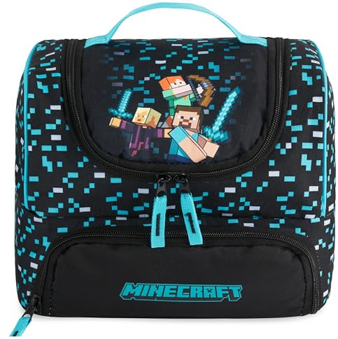 Get Trend Minecraft Kids Reusable Insulated Lunch Bag, Lightweight Dual Compartment Cooler Bag with Handle, Fits Kids Lunch Box for School, Picnic, Creeper Gamer Gifts for Boys (Blue/Black)