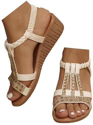 Wedge Sandals For Women 2026,Rhinestone Sparkly T-strap Flats Open Toe Sandal Bohemian Ankle Strap Slip On Dressy Orthopedic Arch Support Slippers Summer Beach Comfortable Boho Shoes