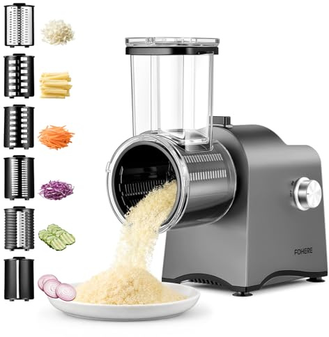 FOHERE Râpeuse Légume Électrique 250W, Râpe Carotte Électrique | 6-en-1 avec Moteur DC, Coupe Légumes Électrique et Râpeur Légume Électrique pour Fromage en Bloc, Légumes, Fruits et Noix