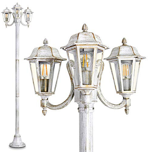 Außenleuchte NATAL, Kandelaber in antikem Look, Aluguß in Weiß/Gold mit Klarglas-Scheiben, 3-armige Wegeleuchte 210 cm, Retro/Vintage Gartenlampe, E27-Fassung, IP44, ohne Leuchtmittel