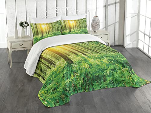 ABAKUHAUS Frühling Tagesdecke Set, Waldlaub Natur, Set mit Kissenbezügen Waschbar, für Doppelbetten 220 x 220 cm, Gelb Grün
