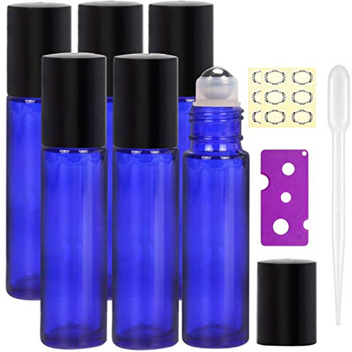 Yalbdopo Essential Oil Roller Bottles - 6Pcs, 10ml Refillable Cobalt Blue Glass Roll on Bottles with Black Lids, 12 Pcs Labels, Dropper & Opener Included - Perfect for Fragrance, Aromatherapy