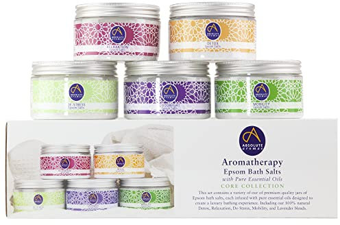 Absolute Aromas Cofanetto Regalo di Sali di Epsom - 5 pz da 300 g di Sali da Bagno De-Stress, Detox, Lavender, Mobility e Relaxation - Solfato di Magnesio Infuso con Oli Essenziali Puri al 100%