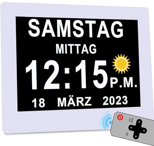 Véfaîî 2024 New, 8 Zoll Digitaler Wecker Wanduhr mit Fernbedienung 19 Alarme,Seniorenuhr Kalender und Foto-Funktion - für Senioren & Demenzkranke (z.B. Alzheimer)