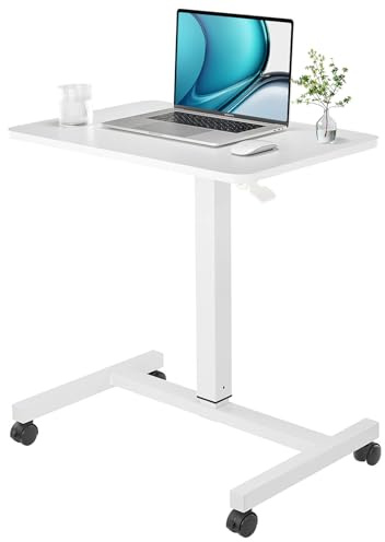CLATINA Mobile Laptop Desk Pneumatic Sit to Stand Table Height Adjustable Rolling Cart with Lockable Wheels for Home Office Computer Workstation, 71 x 48 cm White - Fidel