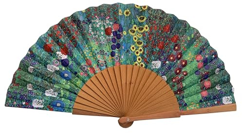 Tusitala Barcelona - Ventaglio Garden - Ventaglio spagnolo in legno e cotone - Accessorio di Moda Fatto a Mano - Custodia in iuta naturale inclusa - Regalo originale - 23 cm.
