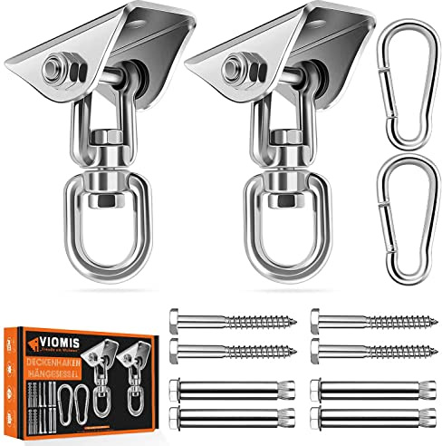 Viomis Confezione da 2 ganci da soffitto in acciaio inox, girevoli a 360°, portata fino a 450 kg, adatti per pareti in cemento e travi in legno, amache, sacchi da boxe e molto altro ancora