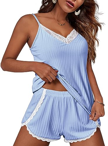 Ekouaer Womens Pajama Sets Soft Lingerie Sleepwear 2 Piece Cami Shorts Set V Neck Pj Lace Nightwear Blue X-Large