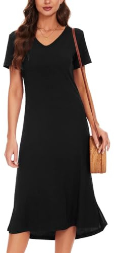 VOBCTY Black Summer Casual Short Sleeve Black Tshirt Dress for Women Stretchy V Neck Solid Dresses Black Medium
