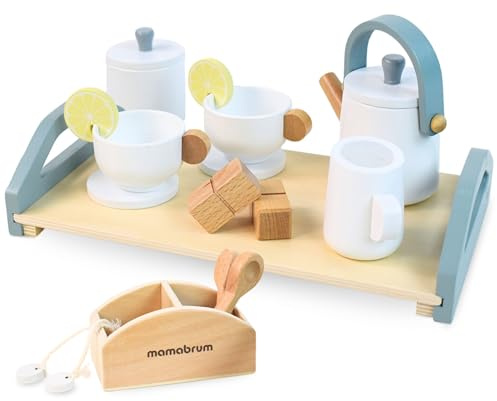Mamabrum Service à Thé en Bois - Ensemble 7 Pièces avec Théière, 4 Tasses, Plateau, Sachet de Thé - Jeu de Rôle Éducatif 3+ Ans - Jouet Cuisine Bois Non Toxique