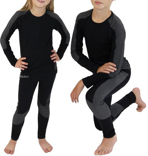 ALPIDEX Kinder Thermounterwäsche Set Funktionsunterwäsche Skiunterwäsche Jungen Mädchen Ski Fußball Sport Winter warm atmungsaktiv, Größe:122-128, Farbe:Black-Grey