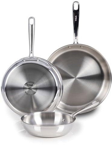T-Fal Pro Tri-Ply Stainless Steel Cookware Set, 3-Piece Induction Cookware, Oven Safe 500F, Fast & Even Heat, Professional Quality, Durable Pots and Pans Set, Fry Pan, Silver