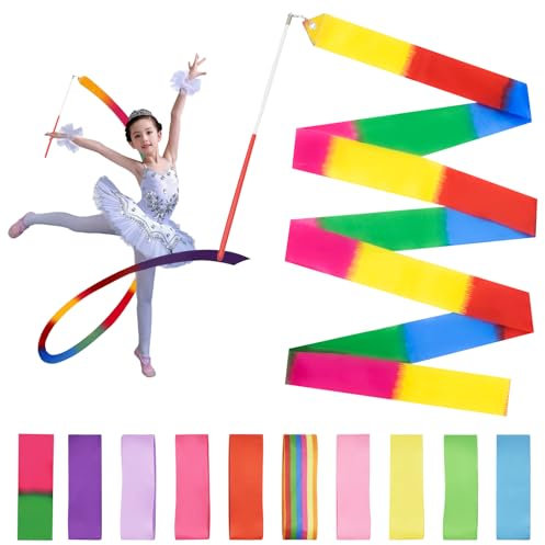 Surplex 10 Stück Rhythmische Tanzbänder, Bunte Gymnastikbänder mit einem Drehstab für Talentshows, Tanzstab, Kinder, Regenbogenband, ideal für Mädchen auf Kindergeburtstag, Weihnachten