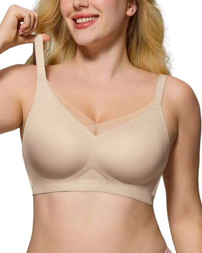 As Fairy Wireless Non-Wired Bra for Women Seamless Push Up with Soft Support Lace V-Neck Mesh Criss-Cross Back Everyday Lounge Yoga Use (Nude,3XL)
