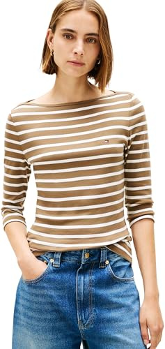 Tommy Hilfiger Slim Cody Boat-Nk 3/4Slv Ww0Ww40589, Maglietta a Maniche Lunghe, Donna, Marrone (Nordic Taupe/Ecru STP), M