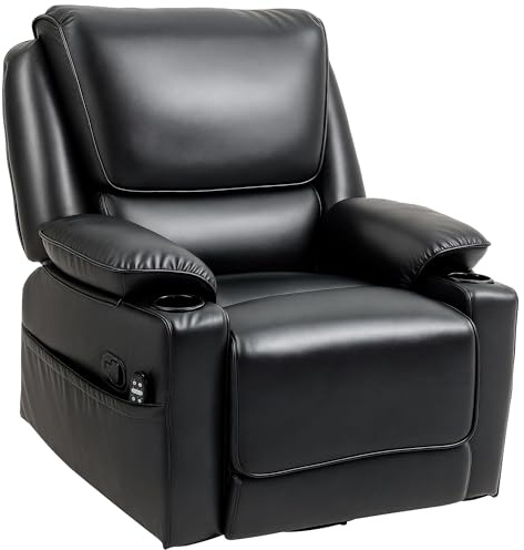 HOMCOM Swivel Rocker Recliner Chair with Vibration Massage and Heat, Oversized Ergonomic Lounge Chair with PU Leather, Remote, Footrest, Cup Holders and Side Pockets for Living Room, Black