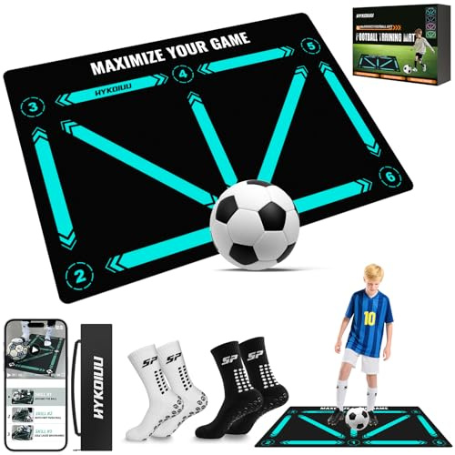 Tapis Foot Entrainement Avec Chaussettes Foot Antidérapantes Vidéos de Formation 90x60cm Tapis Entrainement Foot Accessoire Tapis D’Entraînement Pour Cadeau Football Enfant